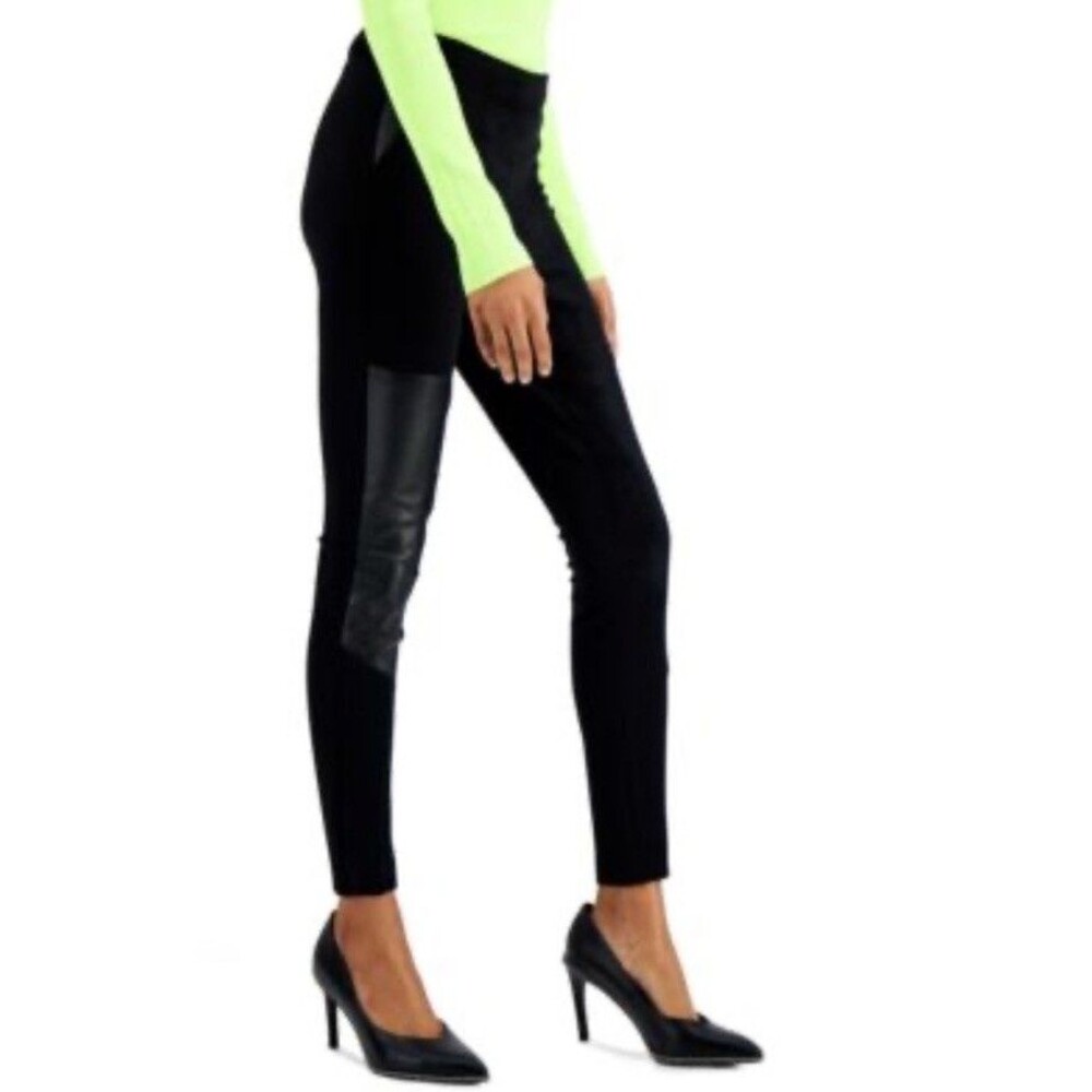 Bar III Faux Leather Panel Leggings Women’s Medium Black Pull On NWT